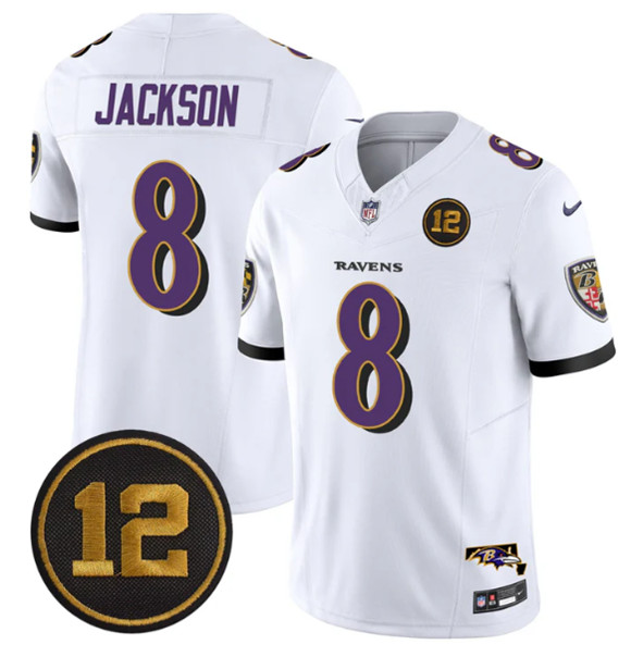 Men's Baltimore Ravens #8 Lamar Jackson White 2025 F.U.S.E. Jacoby Jones Patch Vapor Limited Football Jersey Men's Baltimore Ravens #8 Lamar Jackson White 2025 F.U.S.E. Jacoby Jones Patch Vapor Limited Football Jersey