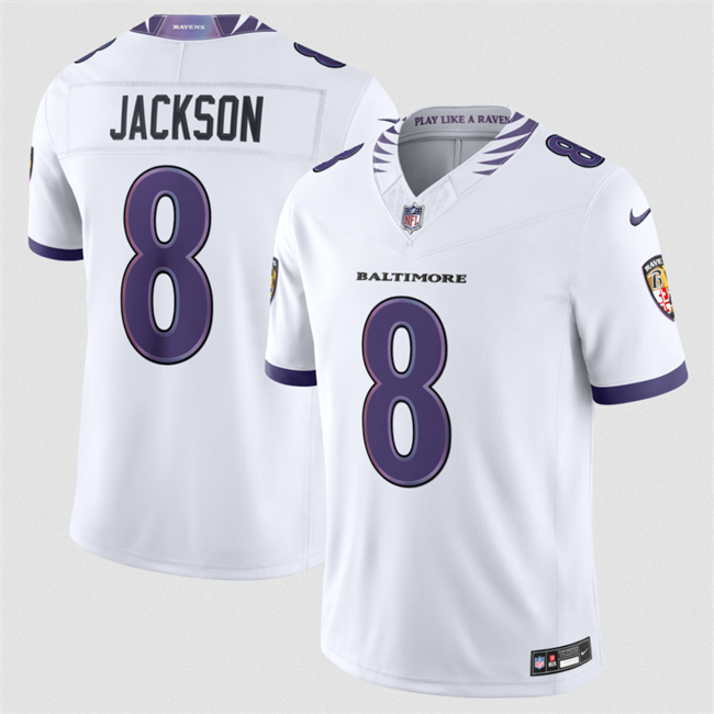 Men's Baltimore Ravens #8 Lamar Jackson White 2026 F.U.S.E. Vapor Stitched Limited Football Jersey Men's Baltimore Ravens #8 Lamar Jackson White 2026 F.U.S.E. Vapor Stitched Limited Football Jersey