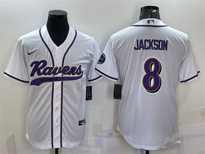 Men's Baltimore Ravens #8 Lamar Jackson White With Patch Cool Base Stitched Baseball Jersey Men's Baltimore Ravens #8 Lamar Jackson White With Patch Cool Base Stitched Baseball Jersey
