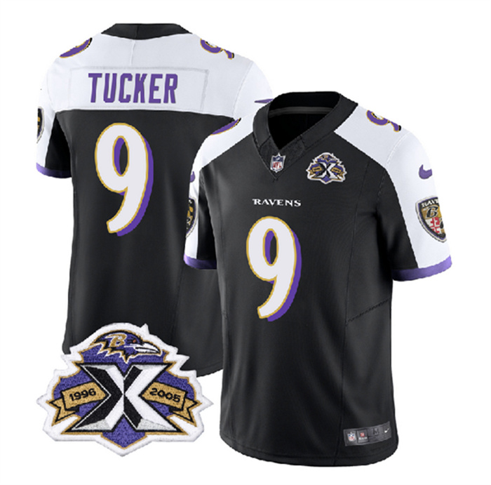 Men's Baltimore Ravens #9 Justin Tucker Black White 2023 F.U.S.E With Patch Throwback Vapor Limited Jersey Men's Baltimore Ravens #9 Justin Tucker Black White 2023 F.U.S.E With Patch Throwback Vapor Limited Jersey