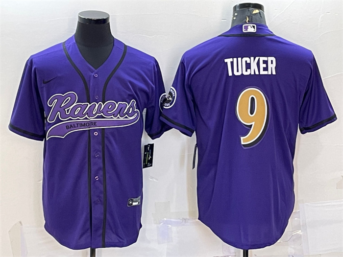 Men's Baltimore Ravens #9 Justin Tucker Purple Gold With Patch Cool Base Stitched Baseball Jersey Men's Baltimore Ravens #9 Justin Tucker Purple Gold With Patch Cool Base Stitched Baseball Jersey