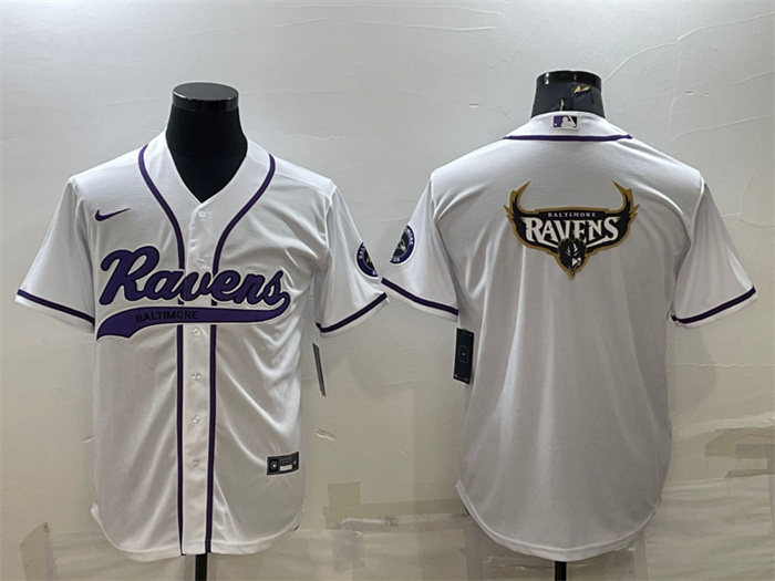 Men's Baltimore Ravens White Team Big Logo With Patch Cool Base Stitched Baseball Jersey Men's Baltimore Ravens White Team Big Logo With Patch Cool Base Stitched Baseball Jersey