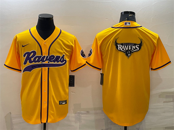 Men's Baltimore Ravens Yellow Team Big Logo With Patch Cool Base Stitched Baseball Jersey Men's Baltimore Ravens Yellow Team Big Logo With Patch Cool Base Stitched Baseball Jersey