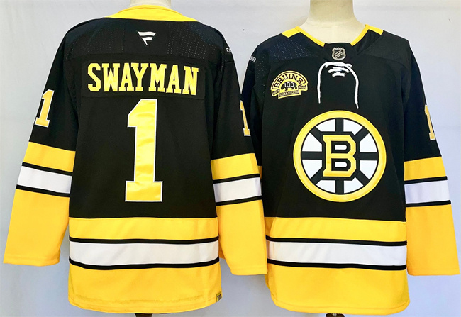 Men's Boston Bruins #1 Jeremy Swayman Black 100th Anniversary Stitched Hockey Jersey Men's Boston Bruins #1 Jeremy Swayman Black 100th Anniversary Stitched Hockey Jersey