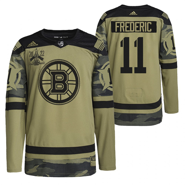 Men's Boston Bruins #11 Trent Frederic 2022 Camo Military Appreciation Night Stitched Jersey Men's Boston Bruins #11 Trent Frederic 2022 Camo Military Appreciation Night Stitched Jersey