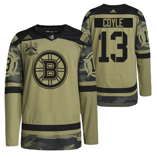 Men's Boston Bruins #13 Charlie Coyle 2022 Camo Military Appreciation Night Stitched Jersey Men's Boston Bruins #13 Charlie Coyle 2022 Camo Military Appreciation Night Stitched Jersey