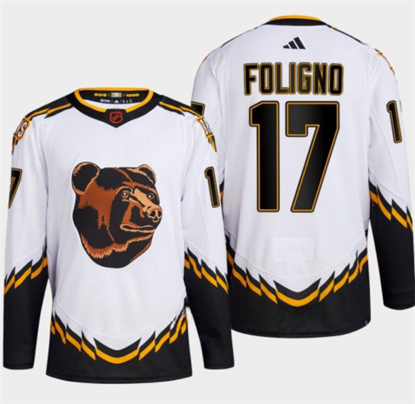 Men's Boston Bruins #17 Nick Foligno White 2022-23 Reverse Retro Stitched Jersey Men's Boston Bruins #17 Nick Foligno White 2022-23 Reverse Retro Stitched Jersey