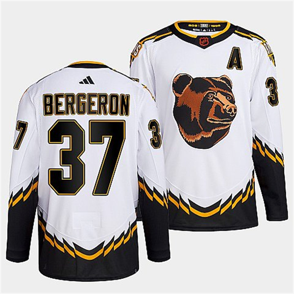Men's Boston Bruins #37 Patrice Bergeron White 2022 Reverse Retro Stitched Jersey Men's Boston Bruins #37 Patrice Bergeron White 2022 Reverse Retro Stitched Jersey