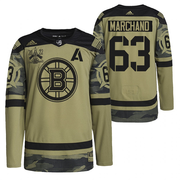 Men's Boston Bruins #63 Brad Marchand 2022 Camo Military Appreciation Night Stitched Jersey Men's Boston Bruins #63 Brad Marchand 2022 Camo Military Appreciation Night Stitched Jersey
