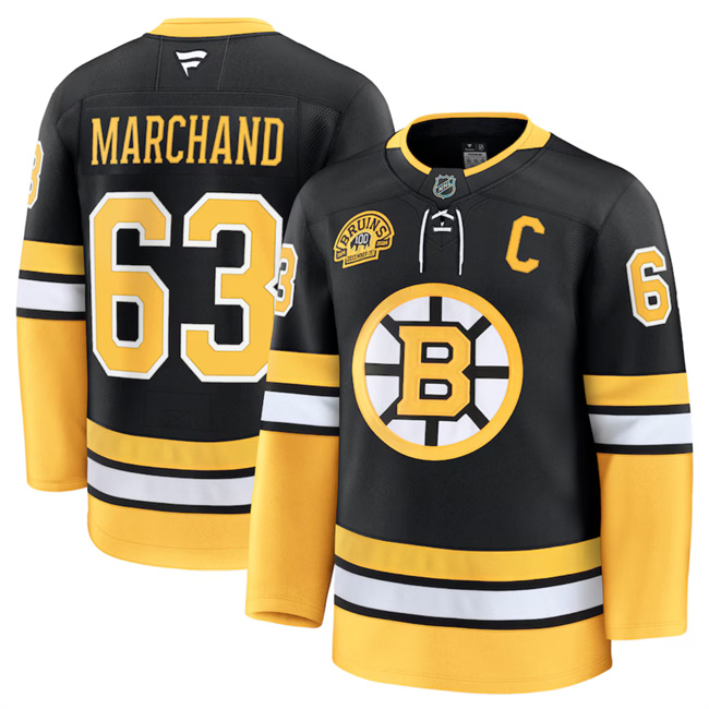 Men's Boston Bruins #63 Brad Marchand Black 100th Anniversary With C Patch Stitched Hockey Jersey Men's Boston Bruins #63 Brad Marchand Black 100th Anniversary With C Patch Stitched Hockey Jersey