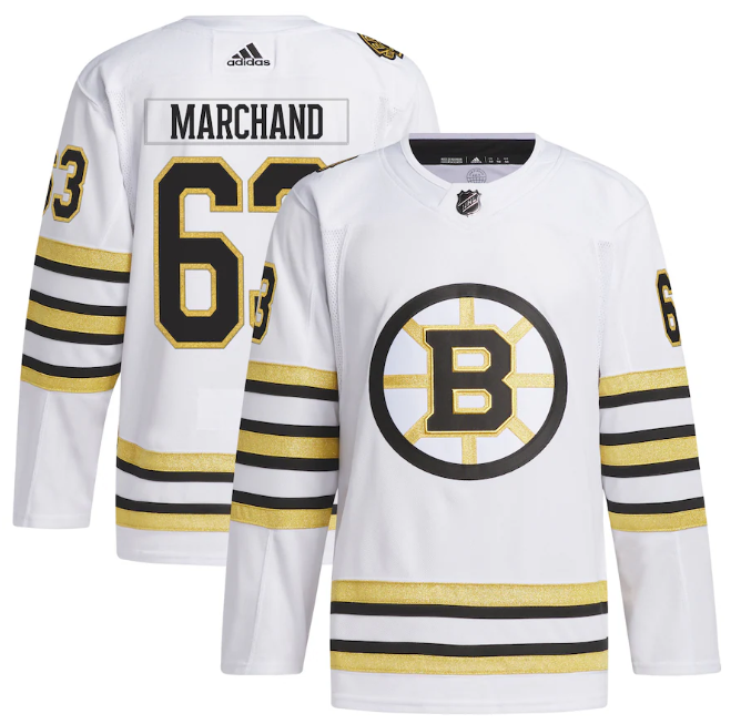 Men's Boston Bruins #63 Brad Marchand White 100th Anniversary Primegreen Stitched Jersey Men's Boston Bruins #63 Brad Marchand White 100th Anniversary Primegreen Stitched Jersey