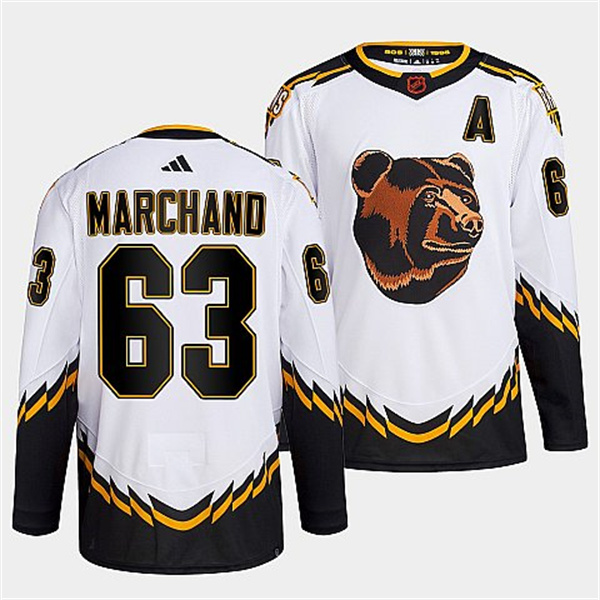 Men's Boston Bruins #63 Brad Marchand White 2022 Reverse Retro Stitched Jersey Men's Boston Bruins #63 Brad Marchand White 2022 Reverse Retro Stitched Jersey
