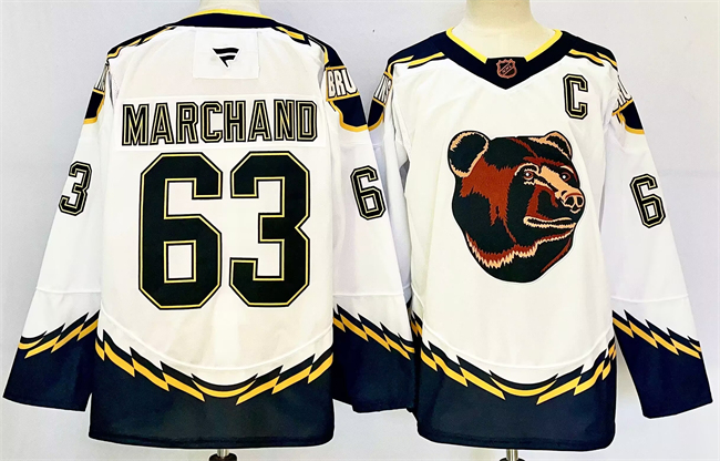 Men's Boston Bruins #63 Brad Marchand White 2024-25 With C Patch Reverse Retro Home Stitched Hockey Jersey Men's Boston Bruins #63 Brad Marchand White 2024-25 With C Patch Reverse Retro Home Stitched Hockey Jersey