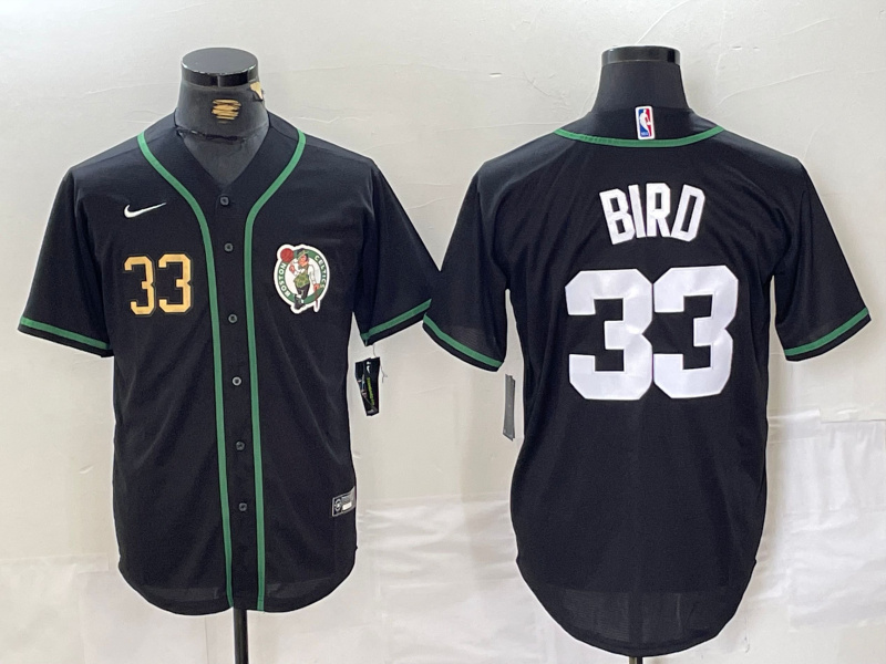 Men's Boston Celtics #33 Larry Bird Black With Patch Stitched Baseball Jersey 2 Men's Boston Celtics #33 Larry Bird Black With Patch Stitched Baseball Jersey 2