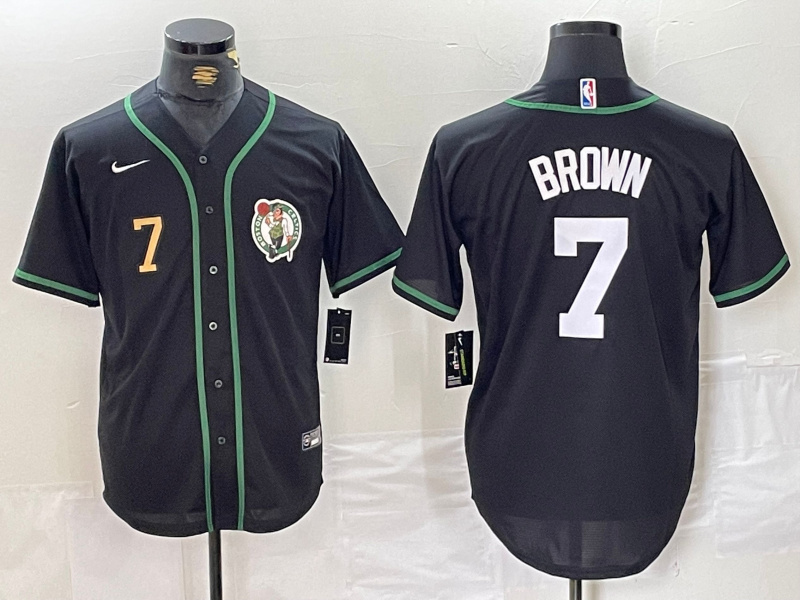 Men's Boston Celtics #7 Jaylen Brown Black With Patch Stitched Baseball Jersey 3 Men's Boston Celtics #7 Jaylen Brown Black With Patch Stitched Baseball Jersey 3