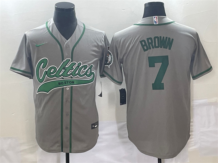 Men's Boston Celtics #7 Jaylen Brown Gray Stitched Baseball Jersey Men's Boston Celtics #7 Jaylen Brown Gray Stitched Baseball Jersey