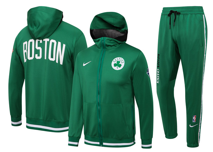 Men's Boston Celtics 75th Anniversary Green Performance Showtime Full-Zip Hoodie Jacket And Pants Suit Men's Boston Celtics 75th Anniversary Green Performance Showtime Full-Zip Hoodie Jacket And Pants Suit