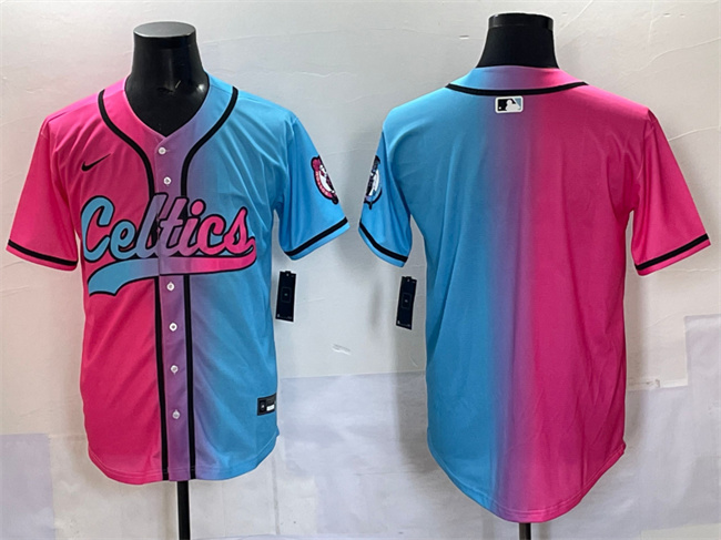 Men's Boston Celtics Blank Pink Blue Limited Stitched Baseball Jersey Men's Boston Celtics Blank Pink Blue Limited Stitched Baseball Jersey