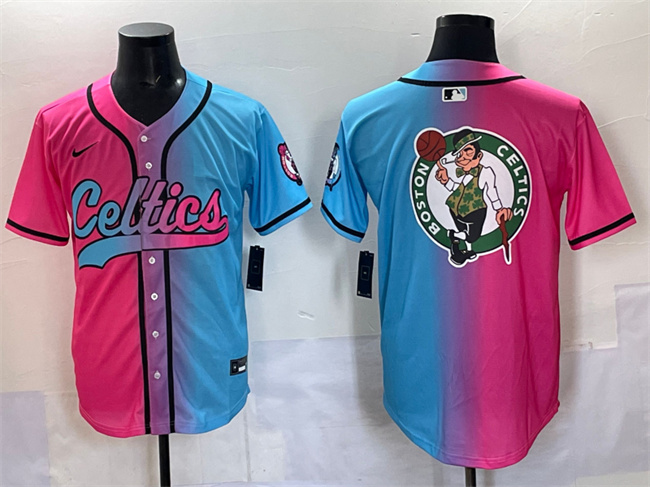 Men's Boston Celtics Team Big Logo Pink Blue Limited Stitched Baseball Jersey Men's Boston Celtics Team Big Logo Pink Blue Limited Stitched Baseball Jersey
