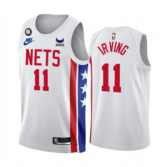 Men's Brooklyn Nets #11 Kyrie Irving 2022 23 White With Patch Classic Edition With NO.6 Patch Stitched Basketball Jersey Men's Brooklyn Nets #11 Kyrie Irving 2022 23 White With Patch Classic Edition With NO.6 Patch Stitched Basketball Jersey
