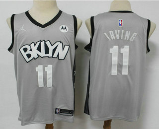 Men's Brooklyn Nets #11 Kyrie Irving Light Grey 2021 Brand Jordan Swingman Stitched NBA Jersey With NEW Sponsor Logo Men's Brooklyn Nets #11 Kyrie Irving Light Grey 2021 Brand Jordan Swingman Stitched NBA Jersey With NEW Sponsor Logo