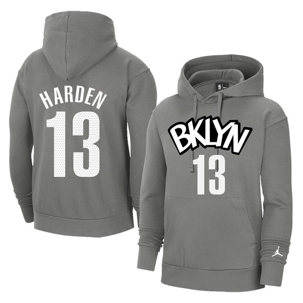 Men's Brooklyn Nets #13 James Harden 2021 Grey Pullover Hoodie Men's Brooklyn Nets #13 James Harden 2021 Grey Pullover Hoodie