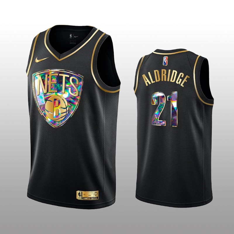 Men's Brooklyn Nets #21 LaMarcus Aldridge 2021 22 Black Golden Edition 75th Anniversary Diamond Logo Stitched Basketball Jersey Men's Brooklyn Nets #21 LaMarcus Aldridge 2021 22 Black Golden Edition 75th Anniversary Diamond Logo Stitched Basketball Jersey