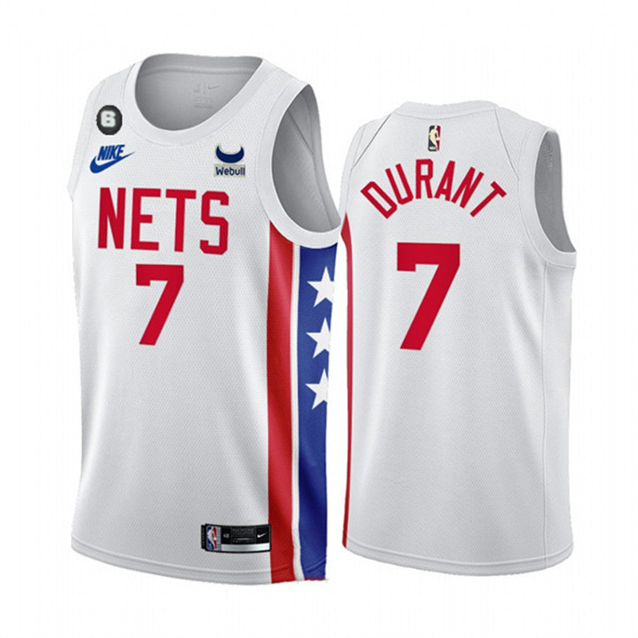 Men's Brooklyn Nets #7 Kevin Durant 2022 23 White With Patch Classic Edition With NO.6 Patch Stitched Basketball Jersey Men's Brooklyn Nets #7 Kevin Durant 2022 23 White With Patch Classic Edition With NO.6 Patch Stitched Basketball Jersey