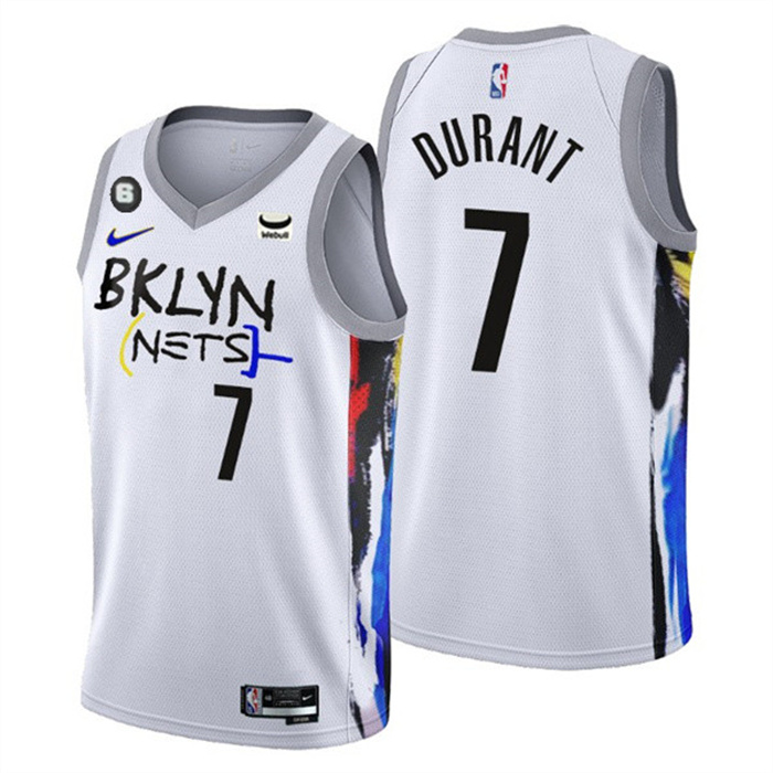 Men's Brooklyn Nets #7 Kevin Durant White 2022 23 City Edition With NO.6 Patch Stitched Basketball Jersey Men's Brooklyn Nets #7 Kevin Durant White 2022 23 City Edition With NO.6 Patch Stitched Basketball Jersey