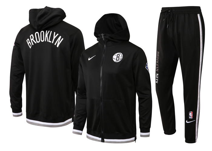Men's Brooklyn Nets 75th Anniversary Black Performance Showtime Full-Zip Hoodie Jacket And Pants Suit Men's Brooklyn Nets 75th Anniversary Black Performance Showtime Full-Zip Hoodie Jacket And Pants Suit