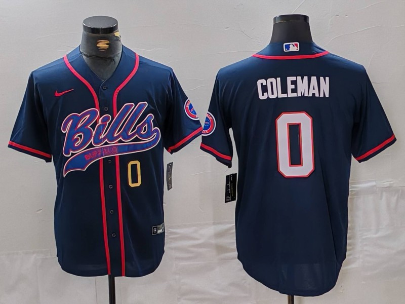 Men's Buffalo Bills #0 Keon Coleman Navy With Patch Cool Base Stitched Baseball Jersey 2