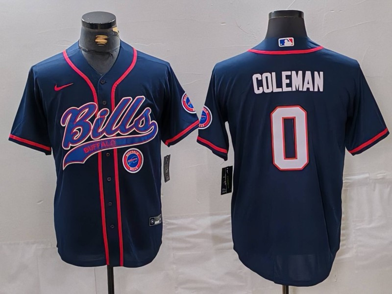 Men's Buffalo Bills #0 Keon Coleman Navy With Patch Cool Base Stitched Baseball Jersey 3