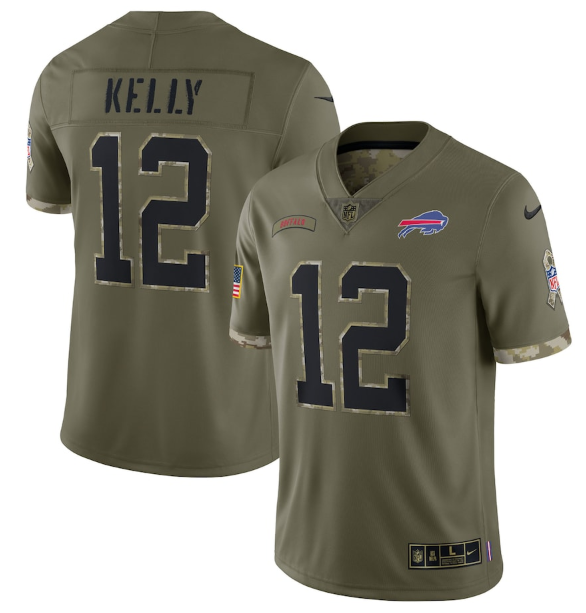 Men's Buffalo Bills #12 Jim Kelly Olive 2022 Salute To Service Limited Stitched Jersey Men's Buffalo Bills #12 Jim Kelly Olive 2022 Salute To Service Limited Stitched Jersey