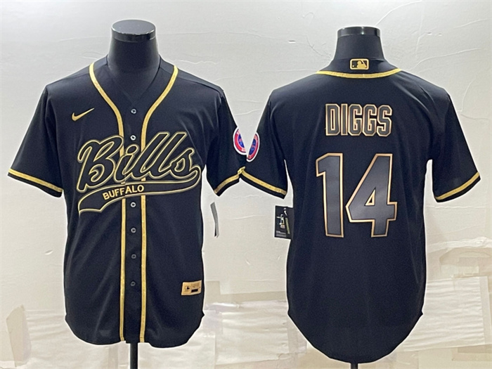 Men's Buffalo Bills #14 Stefon Diggs Black Gold With Patch Cool Base Stitched Baseball Jersey Men's Buffalo Bills #14 Stefon Diggs Black Gold With Patch Cool Base Stitched Baseball Jersey