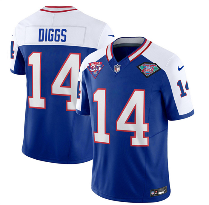 Men's Buffalo Bills #14 Stefon Diggs Blue White 35th And 75th Patch 2023 F.U.S.E. Throwback Vapor Untouchable Limited Stitched Jersey Men's Buffalo Bills #14 Stefon Diggs Blue White 35th And 75th Patch 2023 F.U.S.E. Throwback Vapor Untouchable Limited Stitched Jersey