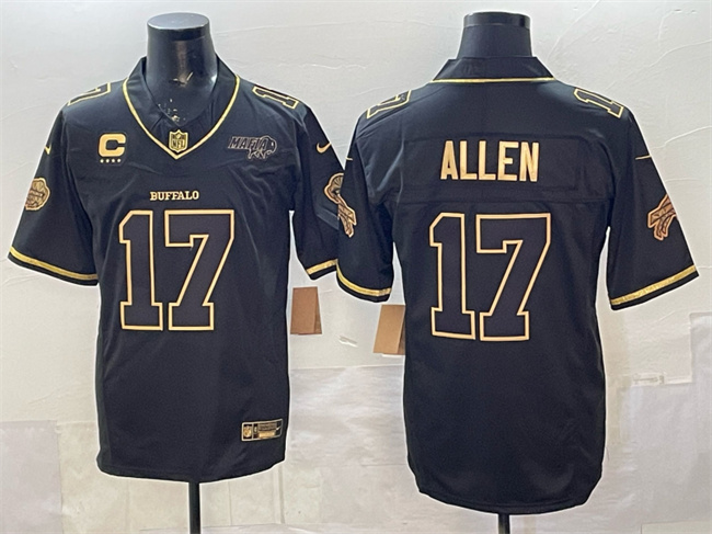 Men's Buffalo Bills #17 Josh Allen Black Gold 2025 F.U.S.E. “Rivalries” With Bills Mafia Patch & 4-Star C Patch Vapor Limited Stitched Football Jersey