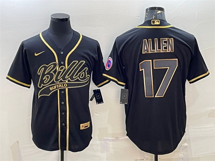 Men's Buffalo Bills #17 Josh Allen Black Gold Edition With Patch Cool Base Stitched Baseball Jersey Men's Buffalo Bills #17 Josh Allen Black Gold Edition With Patch Cool Base Stitched Baseball Jersey