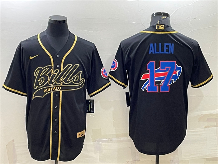 Men's Buffalo Bills #17 Josh Allen Black Gold Team Big Logo With Patch Cool Base Stitched Baseball Jersey Men's Buffalo Bills #17 Josh Allen Black Gold Team Big Logo With Patch Cool Base Stitched Baseball Jersey