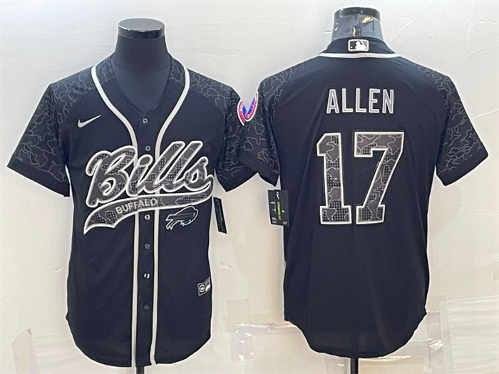 Men's Buffalo Bills #17 Josh Allen Black Reflective With Patch Cool Base Stitched Baseball Jersey Men's Buffalo Bills #17 Josh Allen Black Reflective With Patch Cool Base Stitched Baseball Jersey
