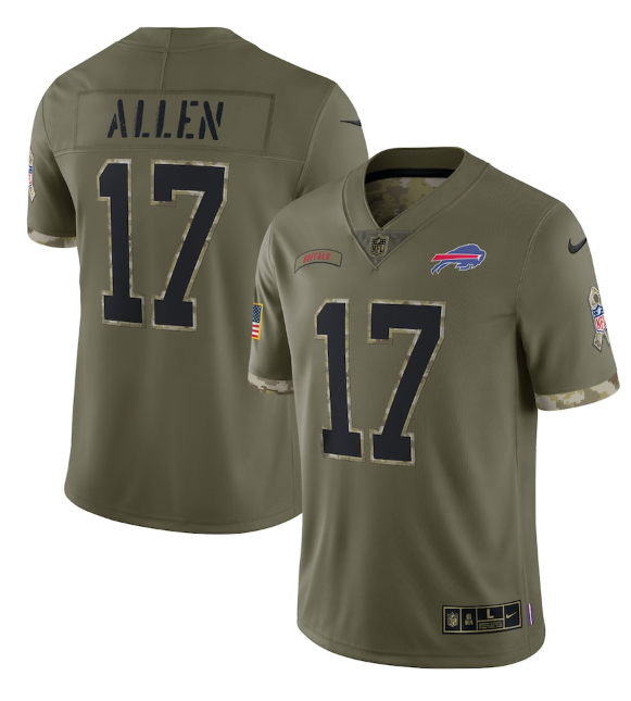 Men's Buffalo Bills #17 Josh Allen Olive 2022 Salute To Service Limited Stitched Jersey Men's Buffalo Bills #17 Josh Allen Olive 2022 Salute To Service Limited Stitched Jersey