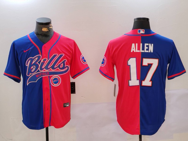 Men's Buffalo Bills #17 Josh Allen Red Blue Team Cool Base Stitched Baseball Jersey 2
