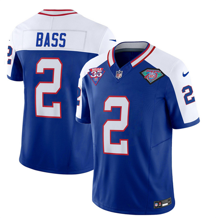 Men's Buffalo Bills #2 Tyler Bass Blue White 2023 F.U.S.E. 35th And 75th Patch Throwback Vapor Untouchable Limited Stitched Jersey Men's Buffalo Bills #2 Tyler Bass Blue White 2023 F.U.S.E. 35th And 75th Patch Throwback Vapor Untouchable Limited Stitched Jersey
