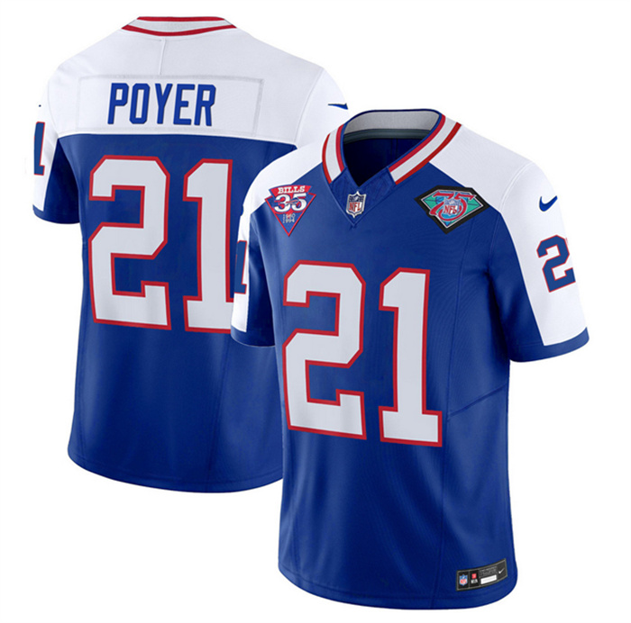 Men's Buffalo Bills #21 Jordan Poyer Blue White 2023 F.U.S.E. 35th And 75th Patch Throwback Vapor Untouchable Limited Stitched Jersey Men's Buffalo Bills #21 Jordan Poyer Blue White 2023 F.U.S.E. 35th And 75th Patch Throwback Vapor Untouchable Limited Stitched Jersey