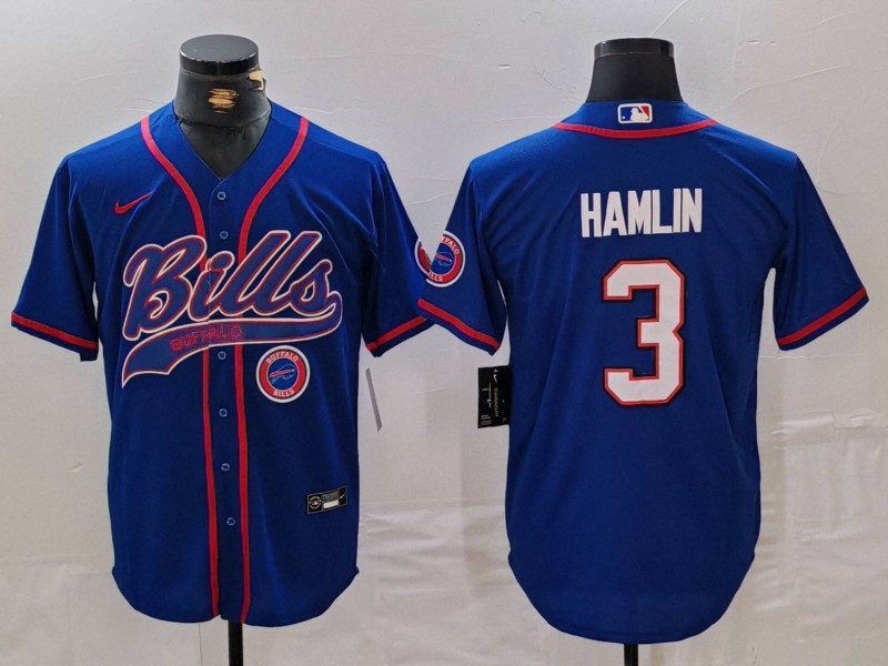 Men's Buffalo Bills #3 Damar Hamlin Blue With Patch Cool Base Stitched Baseball Jersey 1