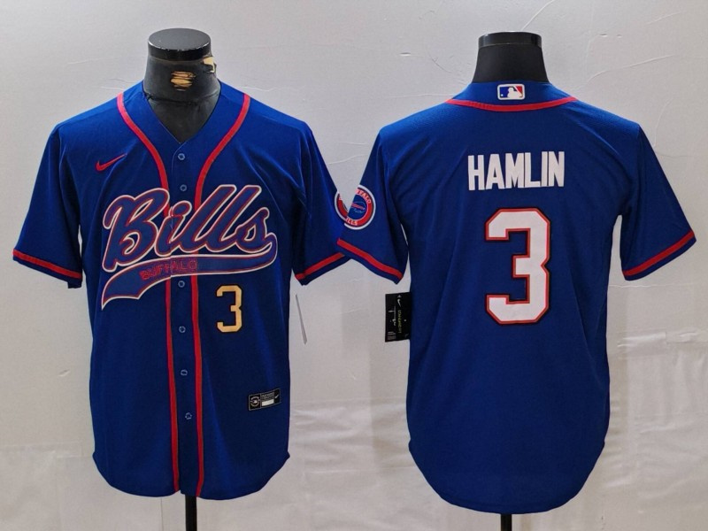Men's Buffalo Bills #3 Damar Hamlin Blue With Patch Cool Base Stitched Baseball Jersey 2