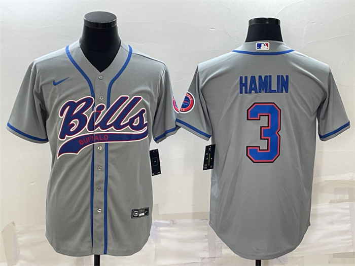 Men's Buffalo Bills #3 Damar Hamlin Gray With Patch Cool Base Stitched Baseball Jersey Men's Buffalo Bills #3 Damar Hamlin Gray With Patch Cool Base Stitched Baseball Jersey