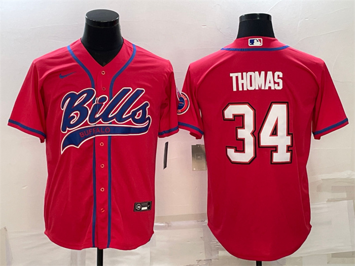 Men's Buffalo Bills #34 Thurman Thomas Red With Patch Cool Base Stitched Baseball Jersey Men's Buffalo Bills #34 Thurman Thomas Red With Patch Cool Base Stitched Baseball Jersey