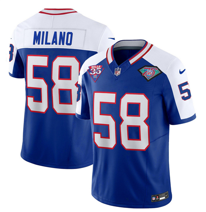 Men's Buffalo Bills #58 Matt Milano Blue White 35th And 75th Patch 2023 F.U.S.E. Throwback Vapor Untouchable Limited Stitched Jersey Men's Buffalo Bills #58 Matt Milano Blue White 35th And 75th Patch 2023 F.U.S.E. Throwback Vapor Untouchable Limited Stitched Jersey
