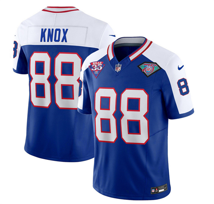 Men's Buffalo Bills #88 Dawson Knox Blue White 35th And 75th Patch 2023 F.U.S.E. Throwback Vapor Untouchable Limited Stitched Jersey Men's Buffalo Bills #88 Dawson Knox Blue White 35th And 75th Patch 2023 F.U.S.E. Throwback Vapor Untouchable Limited Stitched Jersey