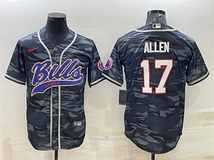 Men's Buffalo Bills Blank #17 Josh Allen Grey Navy Camo With Patch Cool Base Stitched Baseball Jersey Men's Buffalo Bills Blank #17 Josh Allen Grey Navy Camo With Patch Cool Base Stitched Baseball Jersey